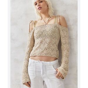 BDG UO Pointelle Cold Shoulder Tie Knit Top Size S